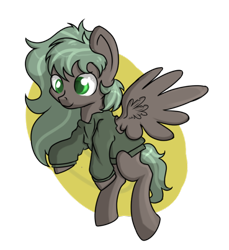 Size: 500x547 | Tagged: safe, artist:dumbwoofer, oc, oc only, oc:forest air, species:pegasus, species:pony, clothing, cute, female, flying, foal, hoodie, solo