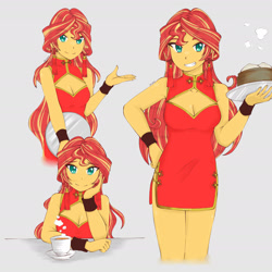 Size: 1791x1791 | Tagged: safe, artist:dragonemperror2810, character:sunset shimmer, species:human, my little pony:equestria girls, adorasexy, boob window, breasts, cheongsam, cleavage, cleavage window, clothing, coffee, cup, cute, dress, dumplings, female, food, looking at you, sexy, shimmerbetes, smiling, solo, tray, waitress