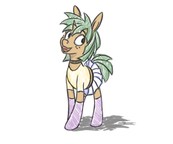 Size: 3000x2500 | Tagged: safe, artist:fynjy-87, character:snails, species:pony, species:unicorn, choker, clothing, crossdressing, cute, freckles, glitter shell, happy, male, miniskirt, pleated skirt, simple background, skirt, socks, solo
