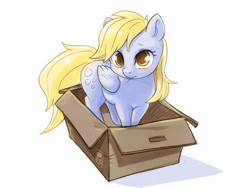 Size: 1600x1200 | Tagged: safe, artist:noupie, character:derpy hooves, species:pegasus, species:pony, behaving like a cat, box, cute, derpabetes, female, looking at you, mare, pony in a box, simple background, solo, white background