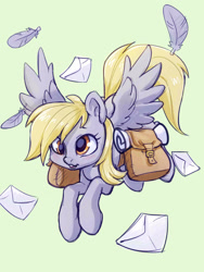 Size: 1200x1600 | Tagged: safe, artist:noupie, character:derpy hooves, species:pegasus, species:pony, cute, derpabetes, digital art, feather, female, flying, letter, mare, saddle bag, simple background, solo
