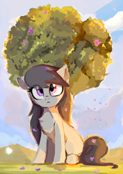 Size: 1428x2016 | Tagged: safe, artist:aureai, character:octavia melody, species:earth pony, species:pony, :<, chest fluff, cloud, cute, ear fluff, female, flower, looking up, mare, scenery, sitting, solo, tavibetes, tree
