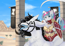 Size: 1280x904 | Tagged: safe, artist:nording34, rcf community, oc, oc:diamond mind, oc:erin daedricon, species:anthro, species:dragon, species:pony, species:unicorn, armor, boob window, commission, desert, explicit source, leonine tail, riding, shield, size difference, sword, unconvincing armor, weapon