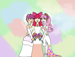 Size: 1024x768 | Tagged: safe, artist:mintymelody, character:apple bloom, character:scootaloo, character:sweetie belle, species:human, species:pegasus, species:pony, my little pony:equestria girls, bride, clothing, cutie mark crusaders, dress, humanized, marriage, wedding, wedding dress, wedding veil