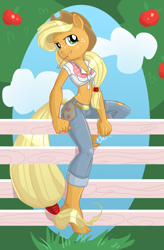 Size: 600x916 | Tagged: safe, artist:ellisarts, character:applejack, species:anthro, species:plantigrade anthro, barefoot, belly button, clothing, feet, female, fence, front knot midriff, jeans, midriff, no hooves, sitting, skinny, solo