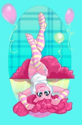 Size: 723x1104 | Tagged: safe, artist:ellisarts, character:pinkie pie, species:anthro, species:plantigrade anthro, balloon, clothing, evening gloves, feet, female, legs in air, looking at you, skinny, socks, solo, striped socks, toe socks, upside down