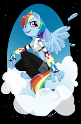 Size: 600x916 | Tagged: safe, artist:ellisarts, character:rainbow dash, species:anthro, species:plantigrade anthro, barefoot, clothing, cloud, feather, feet, female, fingerless gloves, gloves, midriff, no hooves, open mouth, sitting, skinny, smiling, smirk, solo, spread wings, wings