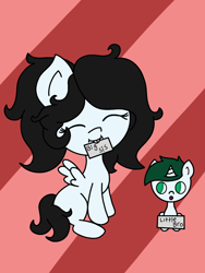 Size: 720x960 | Tagged: safe, artist:lightning135, oc, oc only, oc:alfalfa, oc:kleo, parents:oc x oc, species:pegasus, species:pony, species:unicorn, abstract background, brother and sister, bucktooth, digital art, duo, eyes closed, female, male, mouth hold, offspring, open mouth, parent:oc:deren, parent:oc:lightwave, siblings, sign, spread wings, wings
