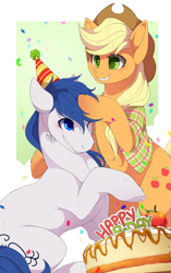 Size: 1254x2000 | Tagged: safe, artist:mr-tiaa, character:applejack, oc, oc:constance everheart, species:earth pony, species:pony, birthday, birthday cake, blushing, cake, canon x oc, celebration, clothing, everjack, female, food, male, mare, noogie, shipping, shirt, stallion, straight