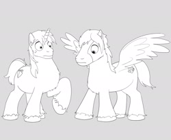 Size: 1952x1593 | Tagged: safe, artist:cactuscowboydan, commissioner:bigonionbean, character:big mcintosh, character:flash sentry, character:shining armor, character:trouble shoes, oc, species:pegasus, species:pony, species:unicorn, clydesdale, confused, cutie mark, fusion, fusion:fast hooves, fusion:home defence, fusion:quick hooves, male, sketch, stallion, thick