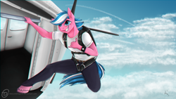 Size: 1920x1080 | Tagged: safe, artist:obscuredragone, oc, oc:chasing dawn, species:anthro, species:pegasus, species:pony, blue sky, call me maybe, freedom, happy, parachute, photo, plane, ready to jump, sky, skydiving, smiling, solo, sports, tight clothing, white shirt