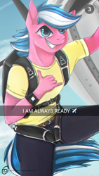Size: 524x931 | Tagged: safe, artist:obscuredragone, oc, oc:chasing dawn, species:anthro, species:pegasus, species:pony, blue mane, handsome, happy, mane, parachute, photo, pink, plane, skydiving, smiling, snapchat, snaphorse, solo, yellow shirt