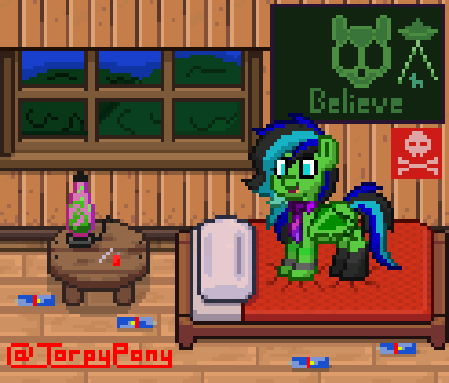 Size: 492x420 | Tagged: safe, artist:torpy-ponius, oc, oc only, oc:torpy, species:pony, pony town, alien, animated, aseprite, bed, butt, energy drink, jumping, lava lamp, photoshop, pixel animation, pixel art, red bull