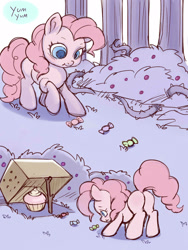 Size: 1200x1600 | Tagged: safe, artist:noupie, character:pinkie pie, species:earth pony, species:pony, aweeg*, box, bush, candy, cardboard box, colored pupils, cupcake, cute, diapinkes, digital art, female, food, mare, ooh a piece of candy, solo, stick, trap