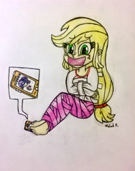 Size: 2448x3096 | Tagged: safe, artist:michaelmaddox222, character:applejack, character:rarity, species:human, my little pony:equestria girls, barefoot, bondage, cellphone, colored, duct tape, feet, female, gag, looking down, mummification, pencil drawing, phone, signature, solo, straitjacket, tape, tape bondage, tape gag, traditional art, worried