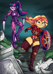 Size: 3508x4961 | Tagged: safe, artist:gaggeddude32, character:sunset shimmer, character:twilight sparkle, character:twilight sparkle (scitwi), species:eqg human, species:human, my little pony:equestria girls, absurd resolution, armor, avengers: endgame, boots, captain america, clothing, commission, crossover, glasses, iron man, leotard, marvel, ponytail, shield, shoes, superhero, thigh boots