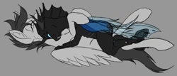 Size: 1024x437 | Tagged: safe, artist:ravvij, oc, oc:ravvij, oc:skitter, species:changeling, species:pegasus, species:pony, chitin, cuddling, cute, eye, eyes, fangs, feather, female, gray background, head fin, hooves, horn, hug, insect, male, mane, mare, membranous hair, membranous head fin, membranous wings, simple background, snuggling, stallion, tail, wings