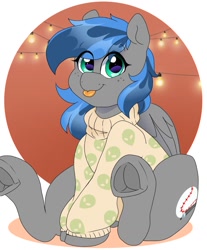 Size: 847x1024 | Tagged: safe, artist:littlebibbo, oc, oc only, oc:bibbo, species:pegasus, species:pony, clothing, eye clipping through hair, female, freckles, frog (hoof), hoofbutt, lights, looking at you, mare, sitting, smiling, solo, sweater, tongue out, underhoof