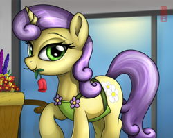 Size: 3000x2391 | Tagged: safe, artist:celsian, character:sunshine petals, species:pony, species:unicorn, apron, background pony, cart, clothing, female, flower, flower in mouth, high res, lidded eyes, looking at you, manehattan, mouth hold, raised hoof, rose, rose in mouth, signature, smiling, solo