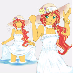Size: 3582x3582 | Tagged: safe, artist:dragonemperror2810, character:sunset shimmer, my little pony:equestria girls, adorkable, cleavage, clothing, cute, dork, dress, eye clipping through hair, hat, looking at you, shimmerbetes, simple background, smiling, sundress, tongue out, water, white background