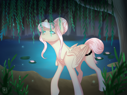 Size: 1600x1200 | Tagged: safe, artist:maria-fly, oc, oc only, oc:mary, species:pegasus, species:pony, forest, pond, solo