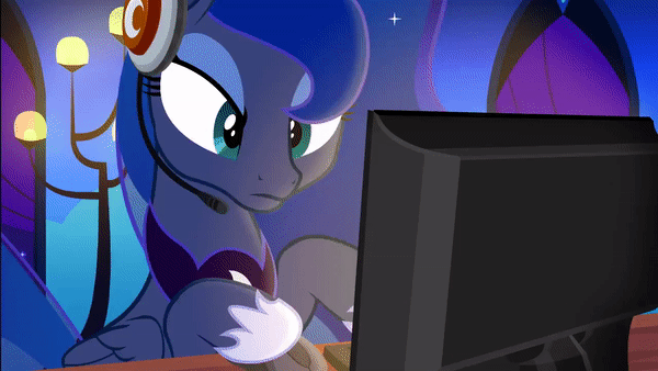 Size: 600x338 | Tagged: safe, artist:yudhaikeledai, character:princess luna, species:alicorn, species:pony, gamer luna, animated, computer, computer mouse, cute, emotional spectrum, excited, expressions, female, gamer, gif, happy, headset, hoof shoes, lunabetes, mare, monitor, movie accurate, open mouth, peytral, solo, spread wings, surprised, unamused, wings, worried