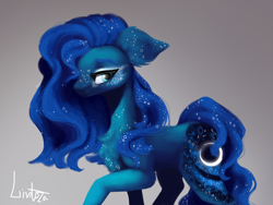 Size: 4128x3096 | Tagged: safe, artist:livitoza, character:princess luna, species:pony, species:unicorn, alternate design, female, freckles, gradient background, looking at you, missing horn, solo, wingless