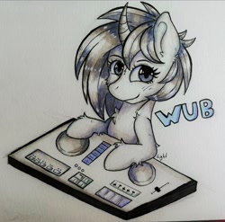 Size: 3018x2976 | Tagged: safe, artist:lightisanasshole, character:dj pon-3, character:vinyl scratch, species:pony, species:unicorn, inktober, ponytober, female, inktober 2019, looking at you, loss (meme), monochrome, smiling, smirk, solo, table, traditional art, wub