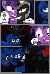 Size: 4500x6701 | Tagged: safe, artist:cactuscowboydan, artist:mlp-cam, character:princess luna, character:twilight sparkle, character:twilight sparkle (alicorn), oc, oc:fallenlight, species:alicorn, species:pony, comic:curse and madness, armor, bull, comic, evil grin, female, glowing horn, grin, helmet, horn, imminent doom, intimidating, mare, mlpcam, semi-grimdark series, smiling, text bubbles