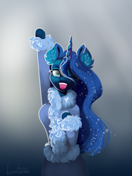 Size: 3096x4128 | Tagged: safe, artist:livitoza, character:princess luna, species:alicorn, species:anthro, species:pony, arm hooves, breasts, busty princess luna, clothing, coat, fangs, female, freckles, looking at you, mare, one eye closed, open mouth, smiling, solo, sweater, wink
