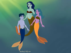 Size: 820x620 | Tagged: safe, artist:azaleasdolls, artist:pone 2.0, belly button, blue beauty, breasts, brother and sister, cleavage, clothing, crossover, family, female, henry handle, male, manestrum, merboy, mermaid, mermaid maker, mermaidized, merman, mermanized, midriff, mother, partial nudity, siblings, smiling, species swap, tail, technicolor waves, the little mermaid, topless, underwater