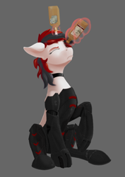 Size: 2480x3508 | Tagged: safe, artist:settop, oc, oc only, oc:blackjack, species:pony, species:unicorn, fallout equestria, fallout equestria: project horizons, alcohol, augmented, biohacking, bottle, cyber legs, cyborg, drunk, fanfic, fanfic art, female, glowing horn, gray background, hooves, horn, levitation, magic, mare, one eye closed, queen, queen whiskey, simple background, sitting, solo, telekinesis, the uses of unicorn horns, whiskey, wild pegasus