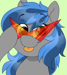 Size: 914x1024 | Tagged: safe, artist:littlebibbo, oc, oc only, oc:bibbo, species:pegasus, species:pony, female, freckles, glasses, green background, holding, kamina sunglasses, looking at you, mare, raised hoof, simple background, smiling, solo, tongue out