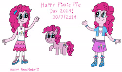 Size: 3000x1792 | Tagged: safe, artist:royalsmurf, artist:smurfettyblue, character:pinkie pie, species:earth pony, species:pony, g4, my little pony: equestria girls, my little pony:equestria girls, human ponidox, multeity, pink text, pinkie pie day, ponidox, self ponidox, simple background, too much pink energy is dangerous, white background