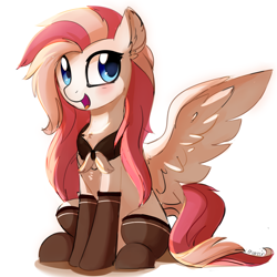 Size: 900x900 | Tagged: safe, artist:aureai, oc, oc only, oc:aureai, species:pegasus, species:pony, blushing, chest fluff, clothing, ear fluff, female, fluffy, happy, mare, open mouth, scarf, simple background, sitting, socks, solo, spread wings, white background, wings