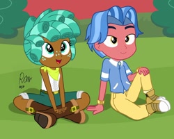 Size: 1080x864 | Tagged: safe, artist:rjp.rammy, character:biscuit, character:spur, episode:growing up is hard to do, g4, my little pony: friendship is magic, my little pony:equestria girls, bandana, belt, boots, bracelet, clothing, converse, cute, equestria girls-ified, female, freckles, grass, jeans, jewelry, male, open mouth, pants, shirt, shoes, shorts, socks, weapons-grade cute, wristband