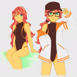 Size: 1791x1791 | Tagged: safe, artist:dragonemperror2810, character:sunset shimmer, my little pony:equestria girls, adorasexy, anime, cap, clothing, cute, eye clipping through hair, female, glasses, hat, jacket, looking at you, one-piece swimsuit, sexy, shimmerbetes, simple background, sitting, smiling, solo, swimsuit, white background