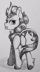 Size: 1962x3486 | Tagged: safe, artist:lightisanasshole, character:autumn blaze, species:kirin, species:unicorn, inktober, ass, bedroom eyes, blushing, blushing profusely, butt, chest fluff, curly hair, curly mane, ear fluff, female, fluffy, leg fluff, looking back, marker drawing, monochrome, raised eyebrow, solo, tongue out, traditional art
