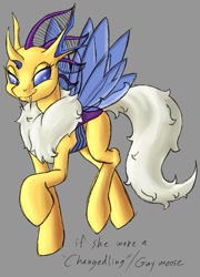 Size: 759x1053 | Tagged: safe, alternate version, artist:ravvij, oc, oc:skitter, species:changeling, species:mothpony, species:pony, species:reformed changeling, antennae, bee, blue, carapace, chest fluff, chitin, colored pupils, cute, ears, eye, eyes, fangs, female, fin, fluffy, gay deer, gay moose, head fin, hooves, horn, insect, mare, moth, original species, purple, species swap, wasp, wings, yellow, yellow changeling