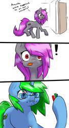 Size: 1111x2052 | Tagged: safe, artist:fluor1te, oc, oc:avocado pone, oc:fluorite, species:earth pony, species:pony, species:unicorn, comic, crayons, dialogue, eating, exclamation point, female, glasses, mare, open mouth, scrunchy face, simple background, surprised, white background