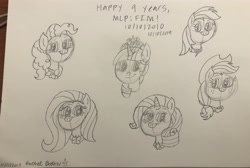 Size: 3810x2567 | Tagged: safe, artist:smurfettyblue, character:applejack, character:fluttershy, character:pinkie pie, character:rainbow dash, character:rarity, character:twilight sparkle, species:pony, happy birthday mlp:fim, mane six, mlp fim's ninth anniversary, photo, traditional art