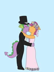 Size: 1536x2048 | Tagged: safe, artist:mintymelody, character:scootaloo, character:spike, species:anthro, species:pegasus, species:pony, ship:scootaspike, episode:a canterlot wedding, g4, my little pony: friendship is magic, clothing, female, flower filly, flower girl, flower girl dress, hat, kissing, male, marriage, shipping, straight, suit, top hat, tuxedo, waltz, wedding