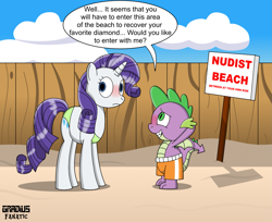 Size: 1995x1630 | Tagged: safe, artist:gradiusfanatic, character:rarity, character:spike, species:dragon, species:pony, species:unicorn, beach, bikini, blushing, clothing, embarrassed, female, fence, green swimsuit, male, mare, nude beach, orange swimsuit, sign, swim trunks, swimsuit, we don't normally wear clothes, winged spike