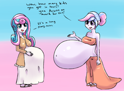 Size: 2671x1951 | Tagged: safe, artist:fluor1te, character:princess flurry heart, oc, oc:bundle joy, species:human, my little pony:equestria girls, adult, anatomically incorrect, anti-gravity belly, belly, belly button, colored background, dialogue, duo, duo female, female, hand on belly, happy, hyper, hyper pregnancy, impossibly large belly, mama flurry, multiple pregnancy, older, older flurry heart, pregnant, pregnant equestria girls, request, shiny