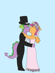 Size: 1536x2048 | Tagged: safe, artist:mintymelody, character:scootaloo, character:spike, species:anthro, species:pegasus, species:pony, ship:scootaspike, episode:a canterlot wedding, g4, my little pony: friendship is magic, clothing, female, flower filly, flower girl, flower girl dress, hat, kissing, male, marriage, shipping, straight, suit, top hat, tuxedo, wedding