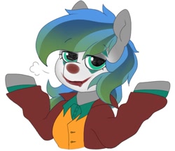 Size: 930x805 | Tagged: safe, artist:littlebibbo, oc, oc only, oc:bibbo, species:pegasus, species:pony, clothing, crossover, female, joker (2019), lidded eyes, looking at you, makeup, mare, ponified, shrug, simple background, solo, the joker, unamused, white background