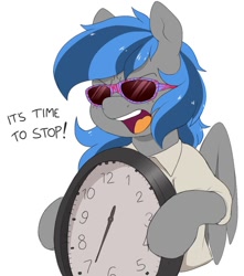 Size: 862x974 | Tagged: safe, artist:littlebibbo, oc, oc only, oc:bibbo, species:pegasus, species:pony, clock, clothing, female, filthy frank, holding, it's time to stop, mare, meme, open mouth, parody, simple background, solo, sunglasses, text, white background