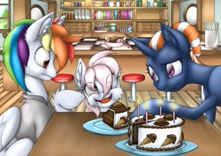 Size: 1063x752 | Tagged: safe, artist:ravvij, character:surprise, oc, oc only, oc:wandering sunrise, species:earth pony, species:pegasus, species:pony, species:unicorn, fallout equestria, bar, bar stool, birthday, blue, bun, cake, candle, candy, clothing, concerned, cute, derp, drool, ears, eye, eyes, fallout equestria: dead tree, female, fire, food, funny, happy, hooves, horn, ice cream, ice cream cake, ice cream cone, ice cream shop, male, mane, mare, multicolored hair, parent, pink, poking, project deadtree, rainbow, rainbow hair, scoop, shirt, shoppe, slice, smiling, stallion, stool, table, wandering sunrise, white, wings, wooden