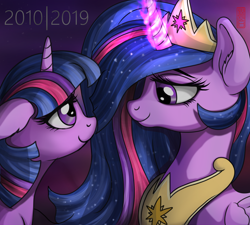 Size: 2798x2519 | Tagged: safe, artist:celsian, character:twilight sparkle, character:twilight sparkle (alicorn), character:twilight sparkle (unicorn), species:alicorn, species:pony, species:unicorn, episode:the last problem, g4, my little pony: friendship is magic, crown, ear fluff, end of ponies, female, floppy ears, flowing mane, glowing horn, happy birthday mlp:fim, horn, jewelry, looking at each other, magic, magic aura, mare, mlp fim's ninth anniversary, older, older twilight, ponidox, princess twilight 2.0, regalia, self ponidox, signature, smiling, telekinesis, then and now