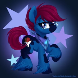 Size: 894x894 | Tagged: safe, artist:thenornonthego, oc, oc only, oc:t-minus ten, species:earth pony, species:pony, abstract background, female, glasses, gradient background, looking at you, mare, neckerchief, solo, unshorn fetlocks